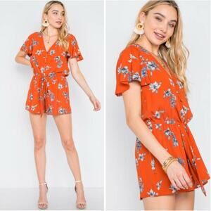 Hummingbird Women's Rust Burnt Orange Floral Romper Size Large
